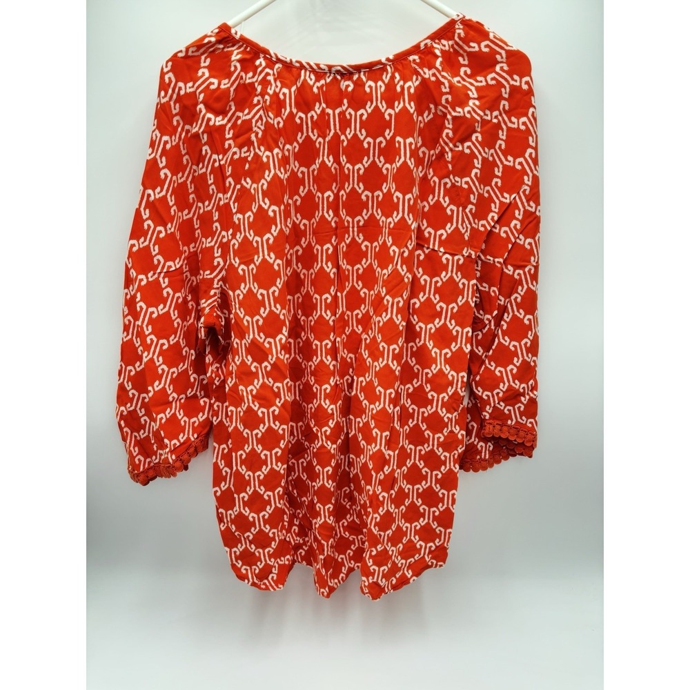 Crown & Ivy Womens XL Orange White Boho Peasant Blouse Tassel Tie 3/4 Sleeve - Picture 4 of 7